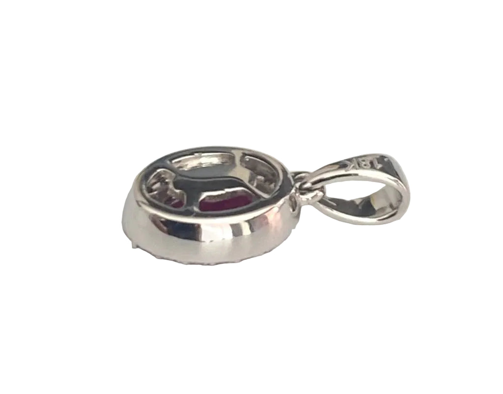 18K White Gold W/ Ruby & Diamond Halo Pendant
