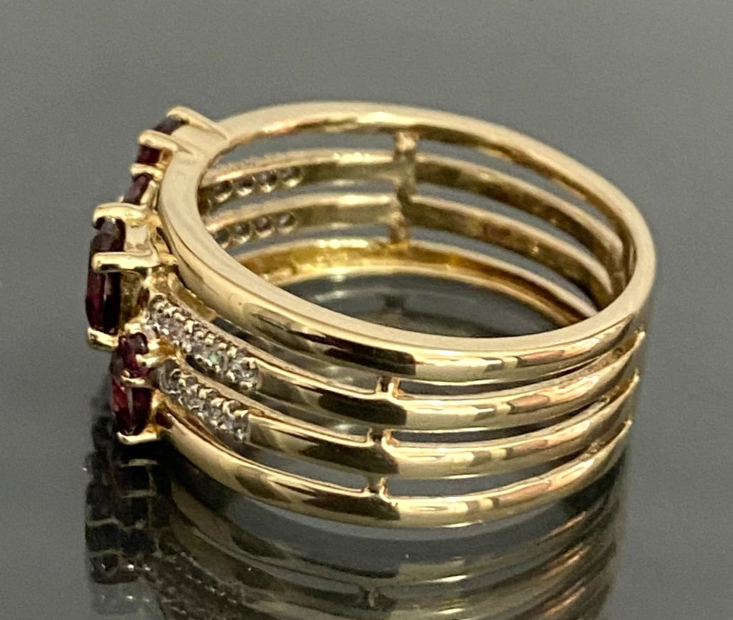 9K Yellow Gold Rhodolite & Diamond Multi-Row Split Shank Ring Size Q 1/2 (US 8.5