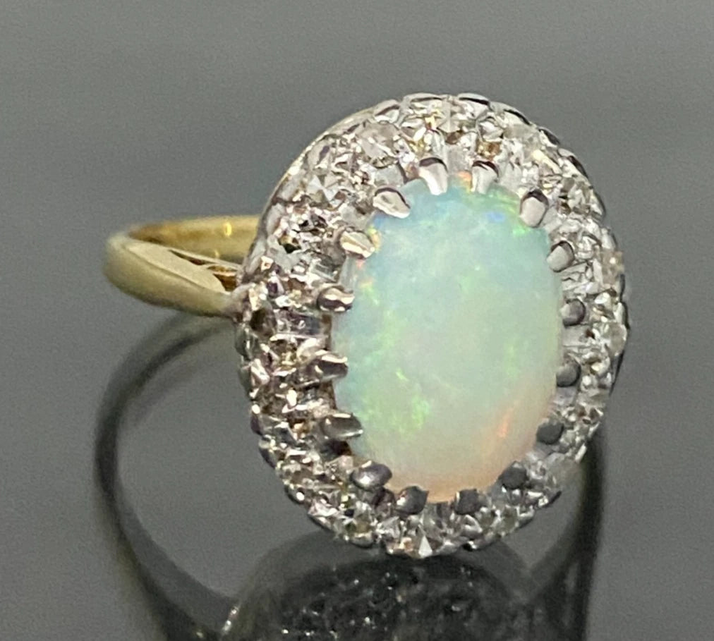 Vintage 18K Yellow Gold Opal & Diamond Cluster Ring Size L - 5 7/8