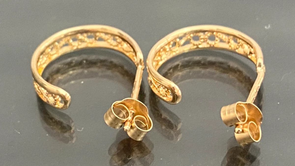 9CT Yellow Gold Filigree Openwork Half Hoop Earrings