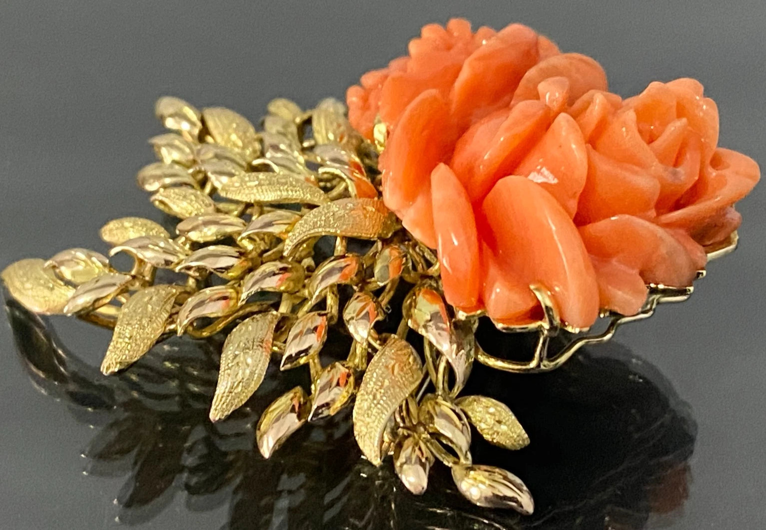 Art Deco 18K Yellow Gold & Carved Coral Brooch 57mm High