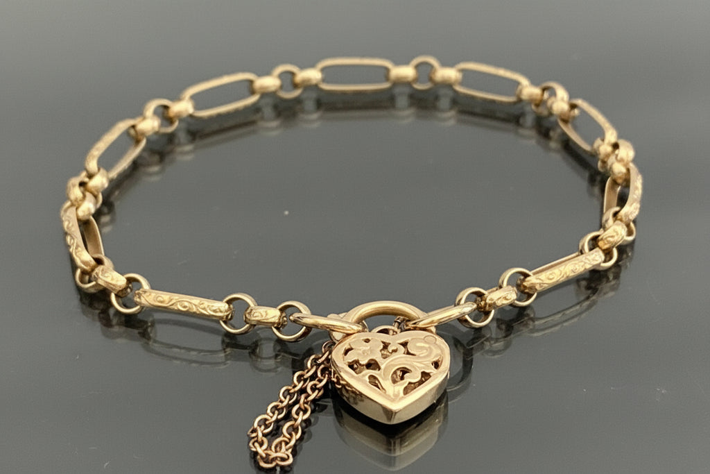 Vintage 9K Yellow Gold Ornate Fancy Link with Filigree Heart Padlock Bracelet