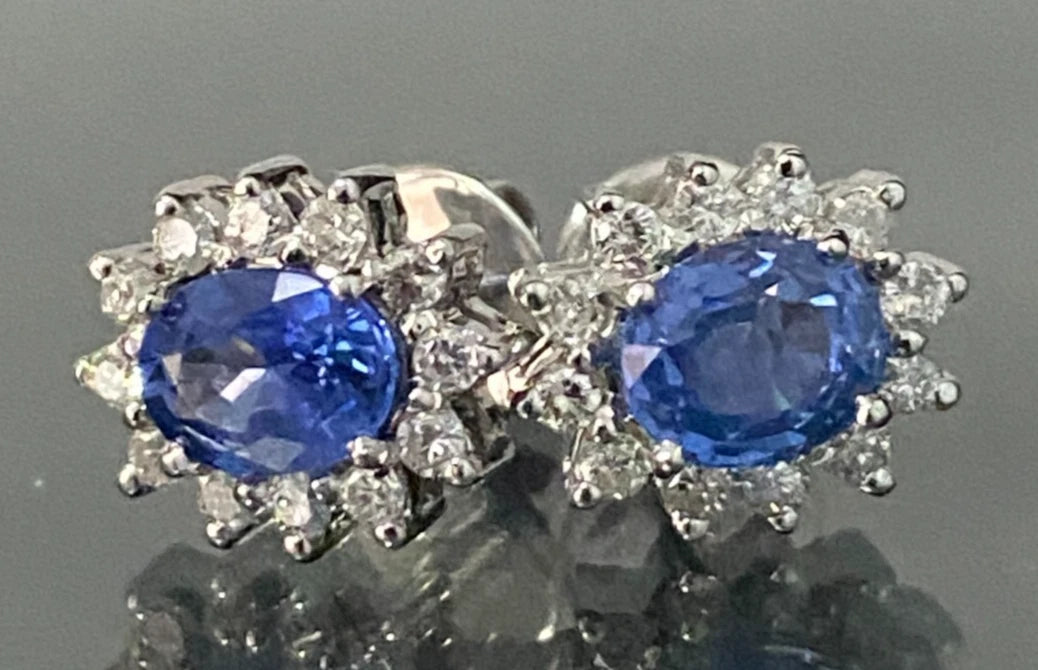 14K White Gold W/Sapphire & Diamond Cluster Stud Earrings 10.80mm