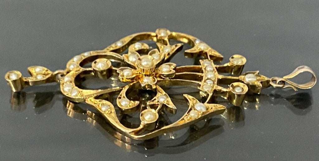 Victorian 9K Yellow Gold & Pearl Pendant 62mm High