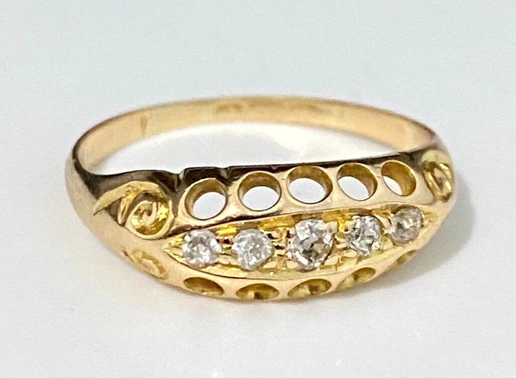 Edwardian 18K Yellow Gold & Old European Cut Diamond Ring Size K 1/2 - 5 3/8