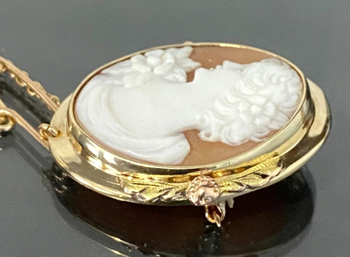 Vintage 9K Yellow Gold Portrait Cameo Brooch / Pendant 28.50mm