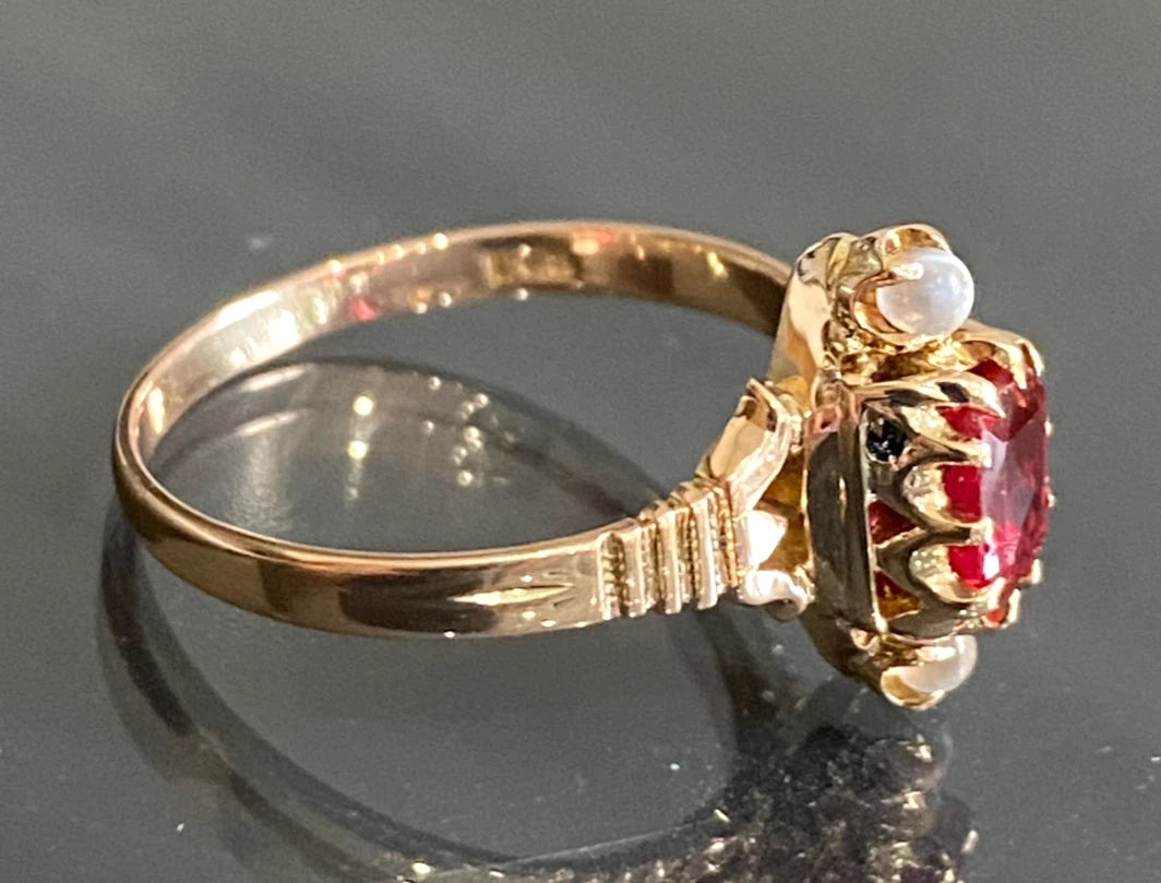 Antique 10K Rose Gold Red Paste Moonstone Ring Size P (US 7.75)