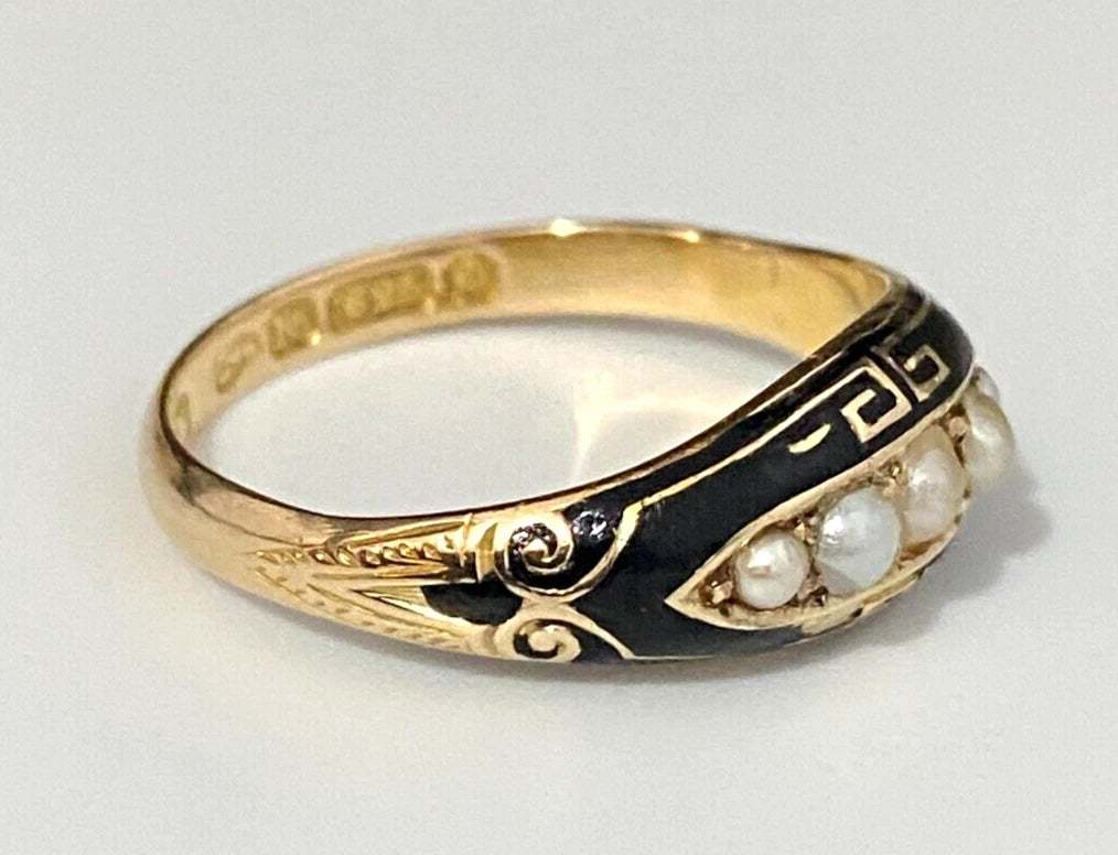Victorian 15K Yellow Gold W/ Pearl Enamel Ring C1881 Size P 1/2 - 7 3/4