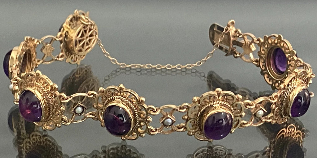 1970's 9K Yellow Gold Amethyst & Pearls Open Scrollwork Bracelet - Vintage Jewellery