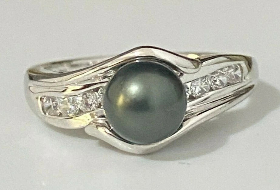 14K White Gold W/ Black Pearl & CZ Stones Ring Size O 1/2 - 7 1/4