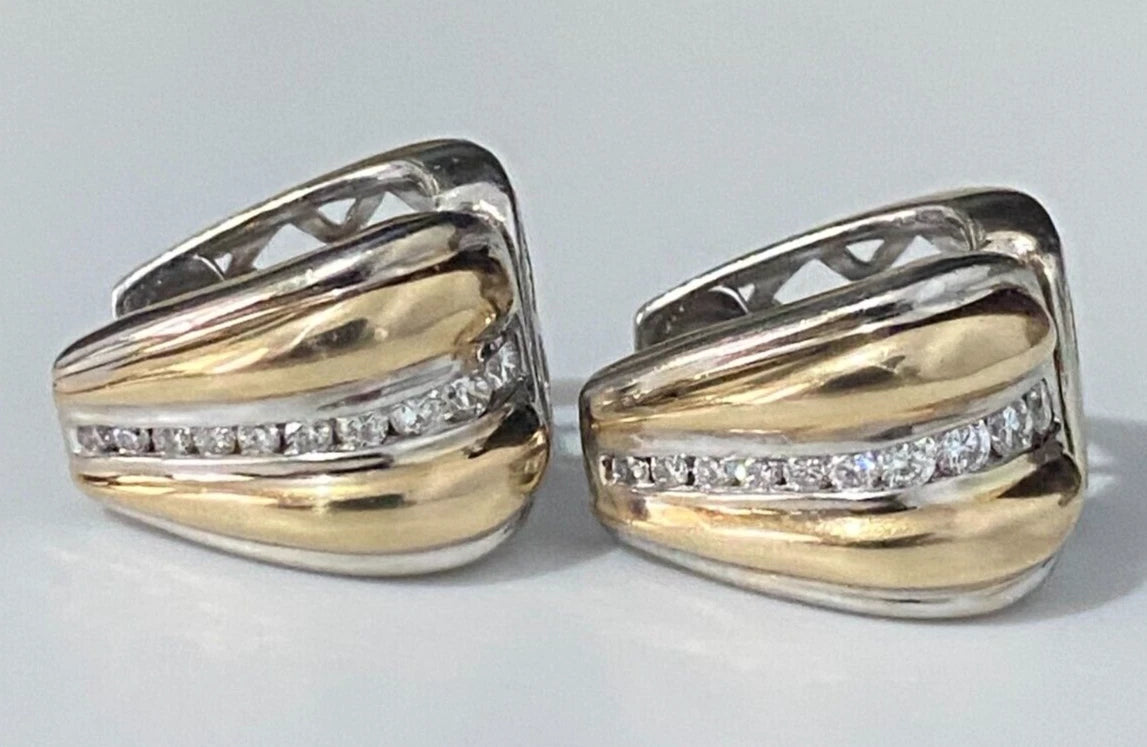 14K Two Color Gold & 0.25CT Diamond Huggies Earrings 8.60g
