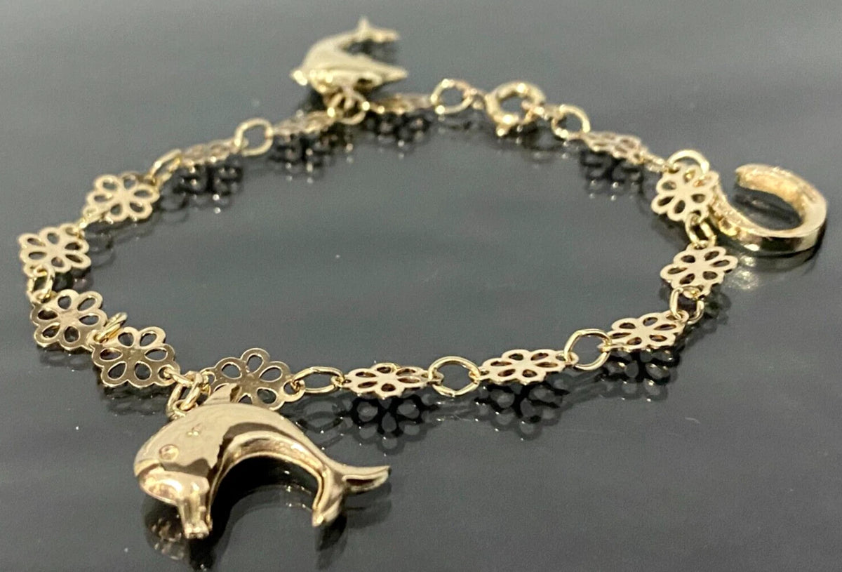 9K Yellow Gold Flower Link Horseshoe Dolphin Charm Bracelet 17.0cm Long