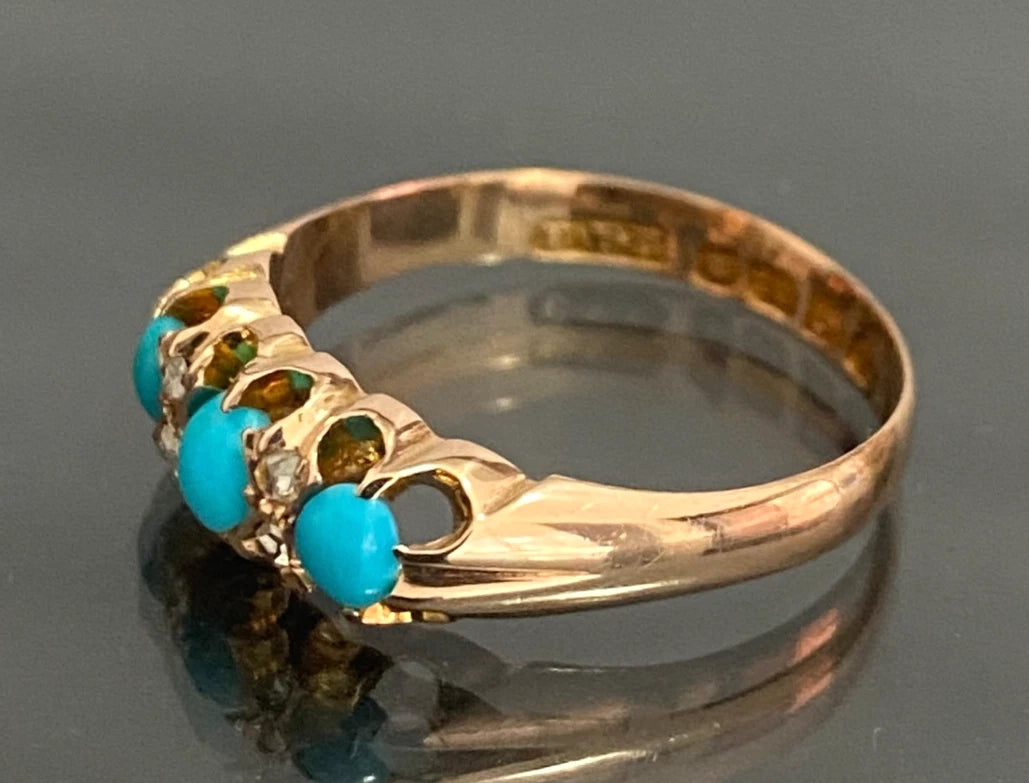 Antique 18K Rose Gold W/ Turquoise & Diamond Ring C1898 Size N (US 6.75)