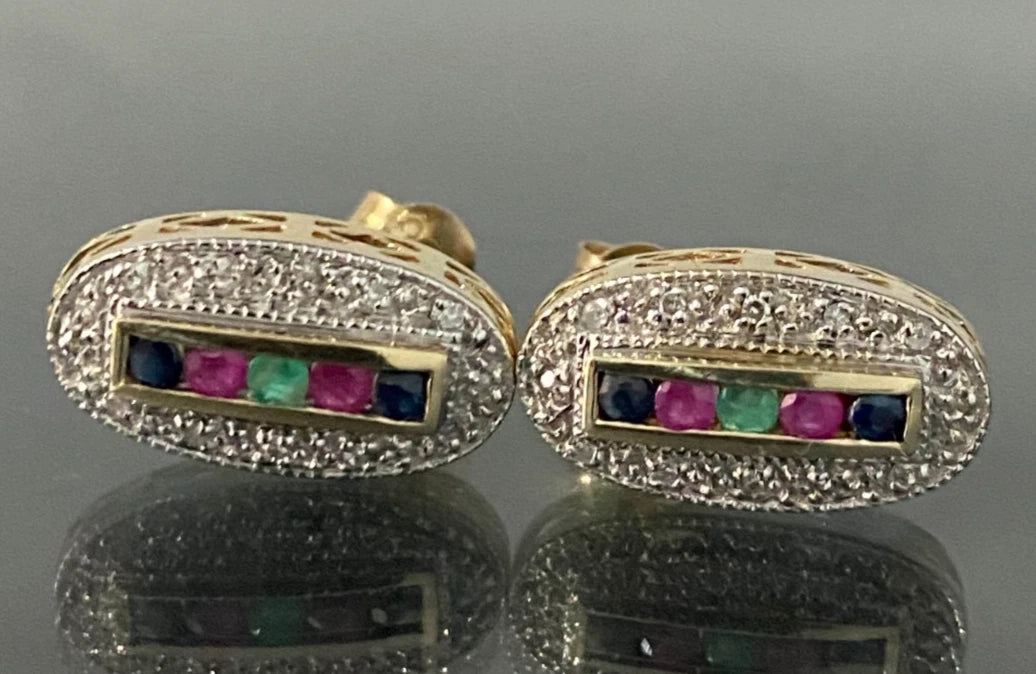 9K Yellow Gold W/ Diamond & Multi Gemstones Stud Earrings 15.0mm High