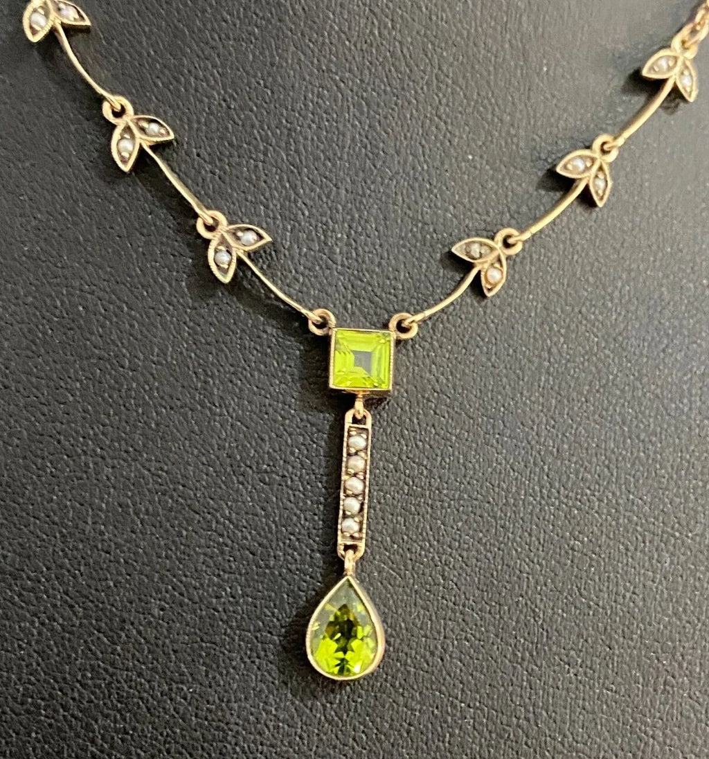 Edwardian 9K Yellow Gold W/ Peridot & Seed Pearl Drop Necklace 45cm Long