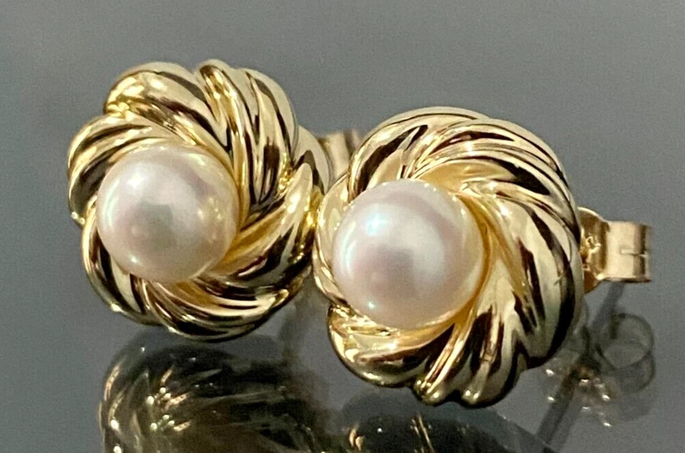 9K Yellow Gold & White Pearl Stud Earrings 12.85mm