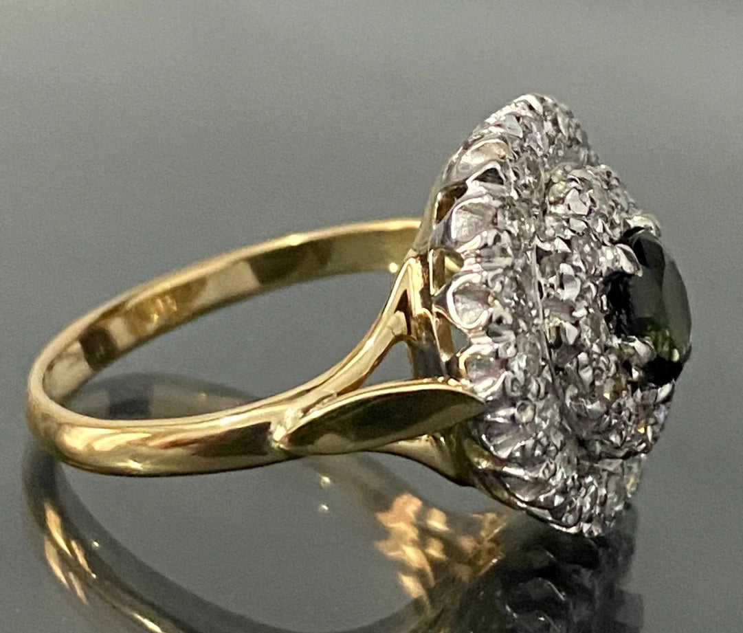 18K Yellow Gold W/ Green Sapphire & Diamond Cluster Ring Size N 1/2 - 7