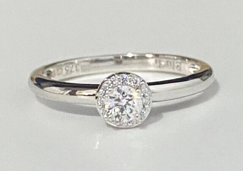 9K White Gold & Zirconia Halo Engagement Ring Size M 1/2 - 6 1/4