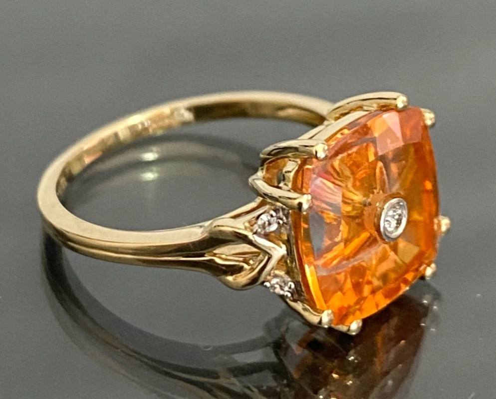 10K Yellow Gold Quasar Cut Orange Quartz Diamond Cocktail Ring Size N (US 6.75)