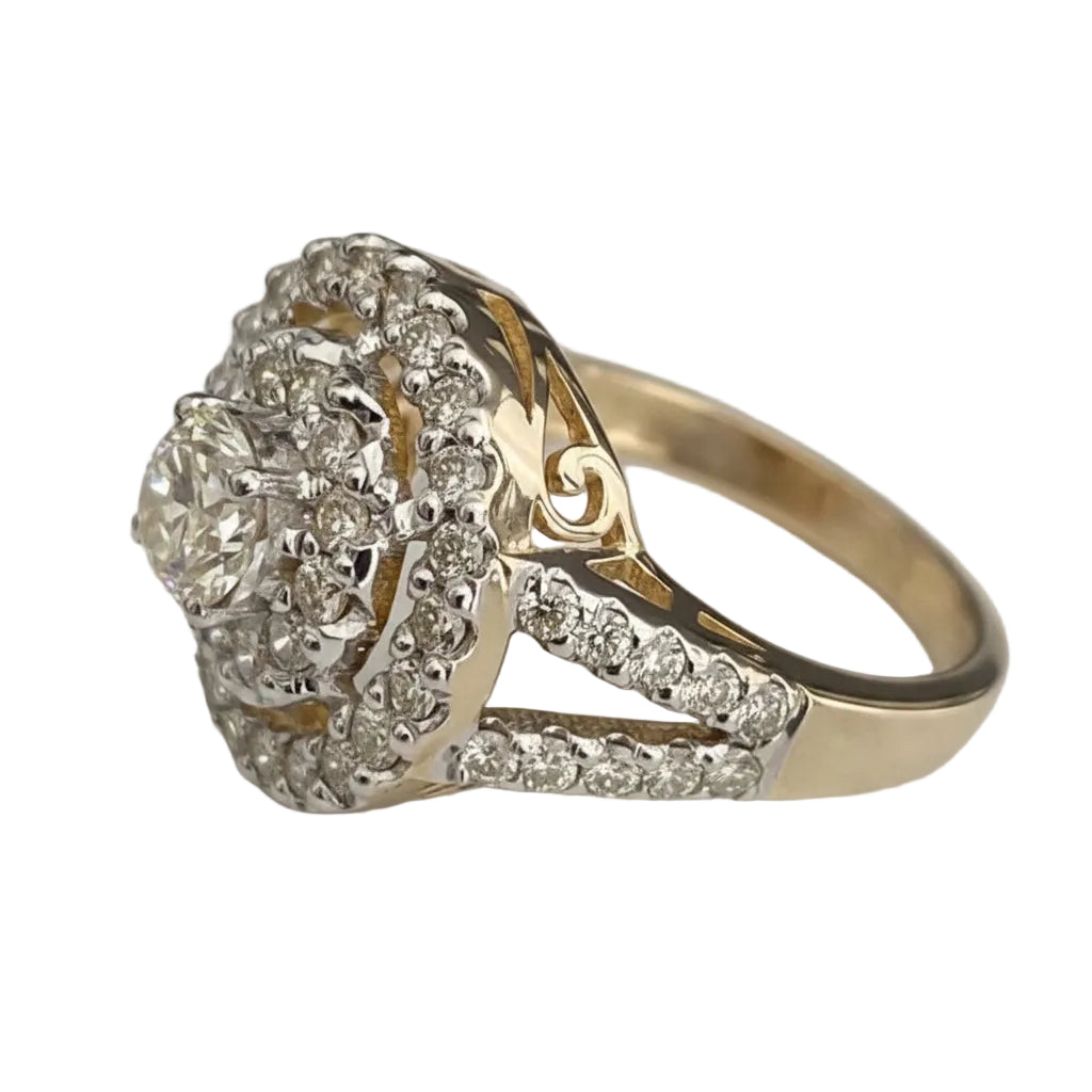18K Yellow Gold 1.75CT Diamond Double Halo Statement Ring - Size O 1/2 (US 7.5)