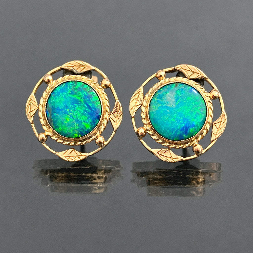 Pair of Art deco 9K Yellow Gold Opal Doublet Stus Earrings