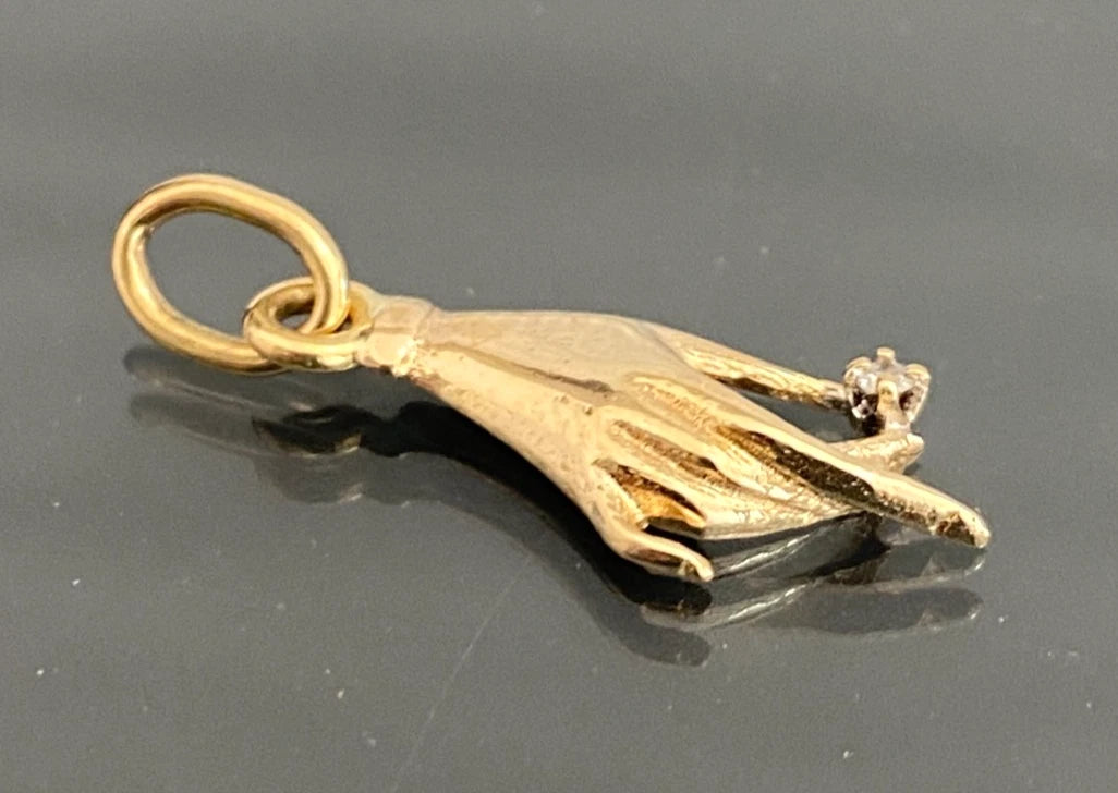 14K Solid Yellow Gold Diamond Figural Hand Pendant / Charm