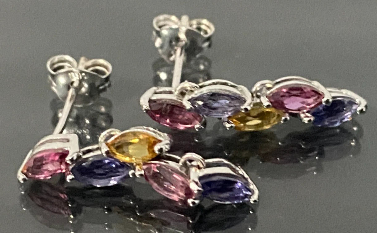 9CT White Gold & Multi Gemstones Drop Earrings