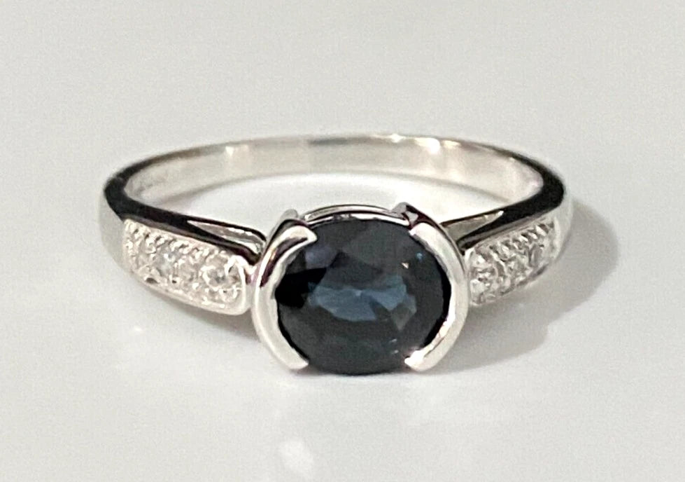 9K White Gold W/ Sapphire & White Zircon Ring Size P 1/2 - 7 3/4