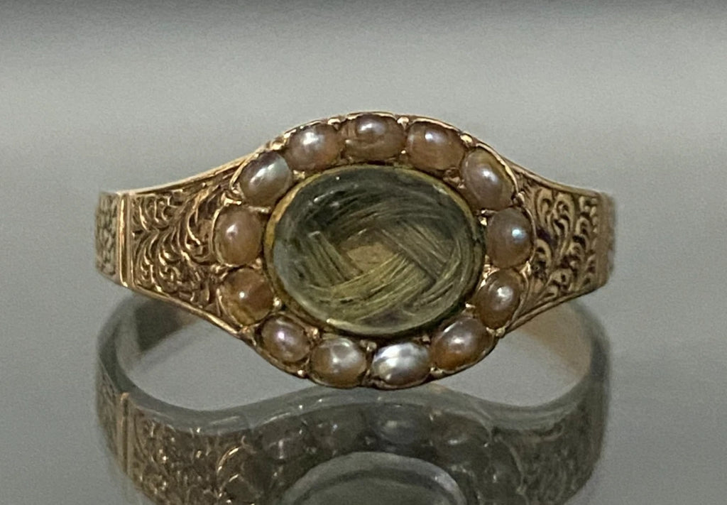 1850's 15K Yellow Gold Seed Pearl Memorial Engraved Ring Size R 1/2 - 9 1/8