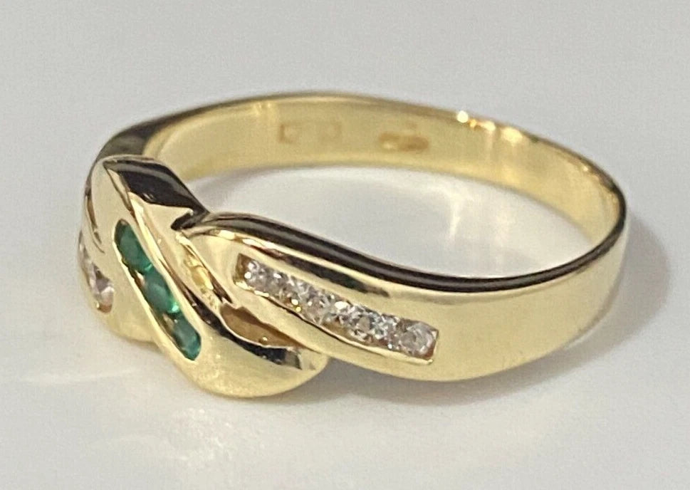 Italian 18K Yellow Gold W/ Chrysoprase & Cubic Zirconia Size L 1/2 - 5 7/8