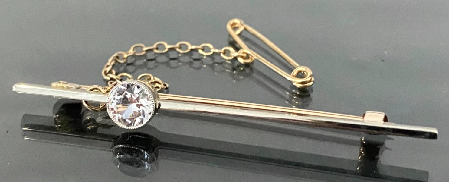 Art Deco 9K Yellow Gold with White Sapphire Bar Brooch 53mm Long