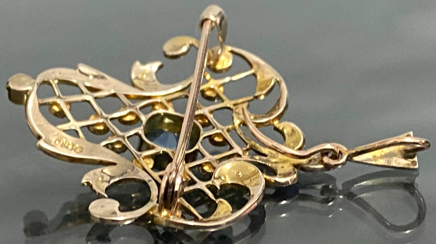 Edwardian 9ct Yellow Gold Aquamarine & Seed Pearl Drop Pendant Brooch – 42.5mm