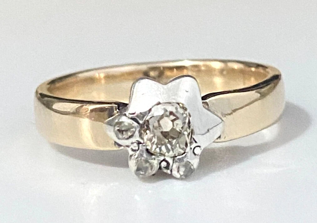 Victorian 14K Yellow Gold & Old Cut Diamond Ring Size N - 6 1/2