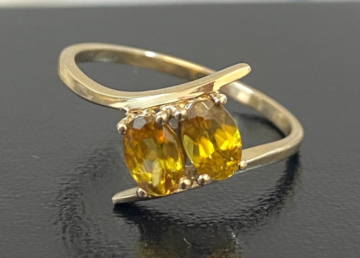 10ct Yellow Gold Two Stone Yellow Sphene Bypass Ring Size P (US 7 3/4)