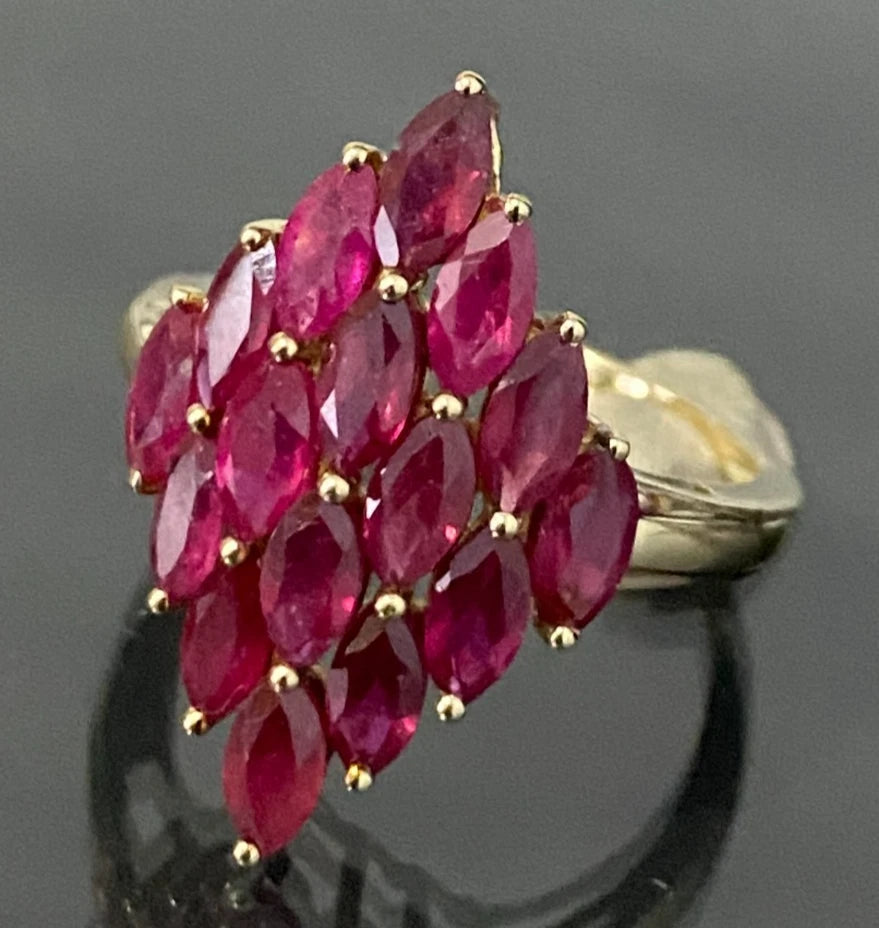 9K Yellow Gold & 2.20CT Marquise Ruby Cluster Ring Size R - 8 3/4