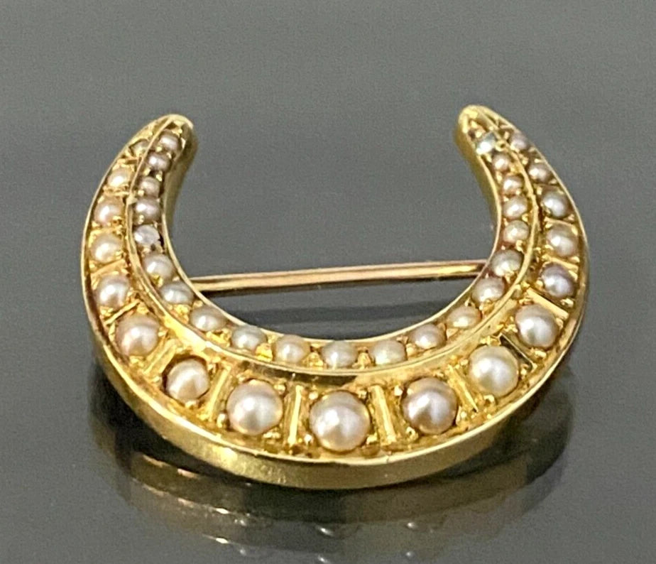 Antique 15K Yellow Gold & Pearl Crescent Brooch