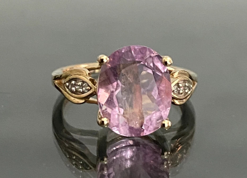 9K Yellow Gold Pink Fluorite & White Zircon Ring Size L (US 5.75)