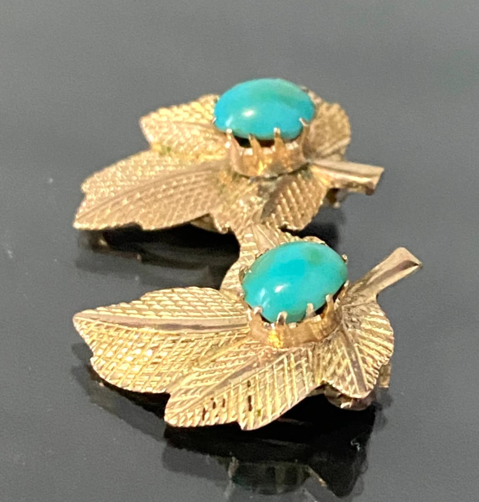 A mid 20th 14K Yellow Gold & Turquoise Clip On Leaf Earrings