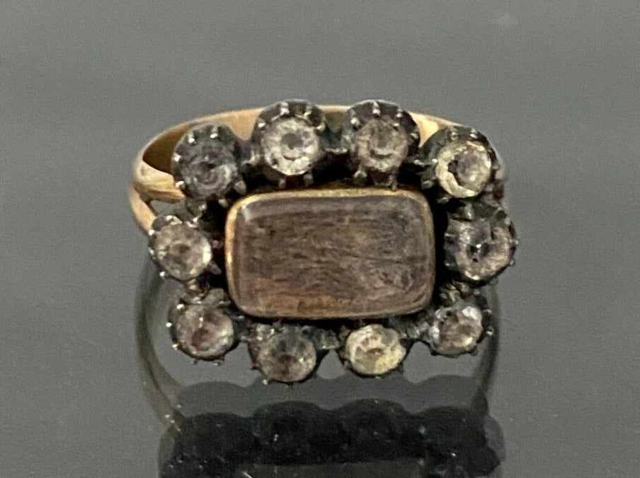 Georgian 9K Rose Gold & Hairwork Memorial Ring Size I 1/2 - 4 1/2