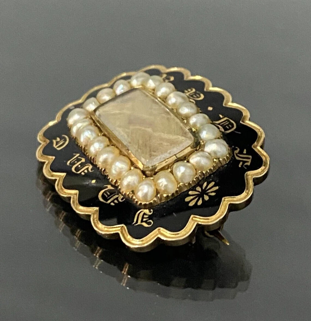 GEORGIAN 12K Gold W/ Pearl & Woven Hairwork Mourning Pendant / Brooch 32.30mm