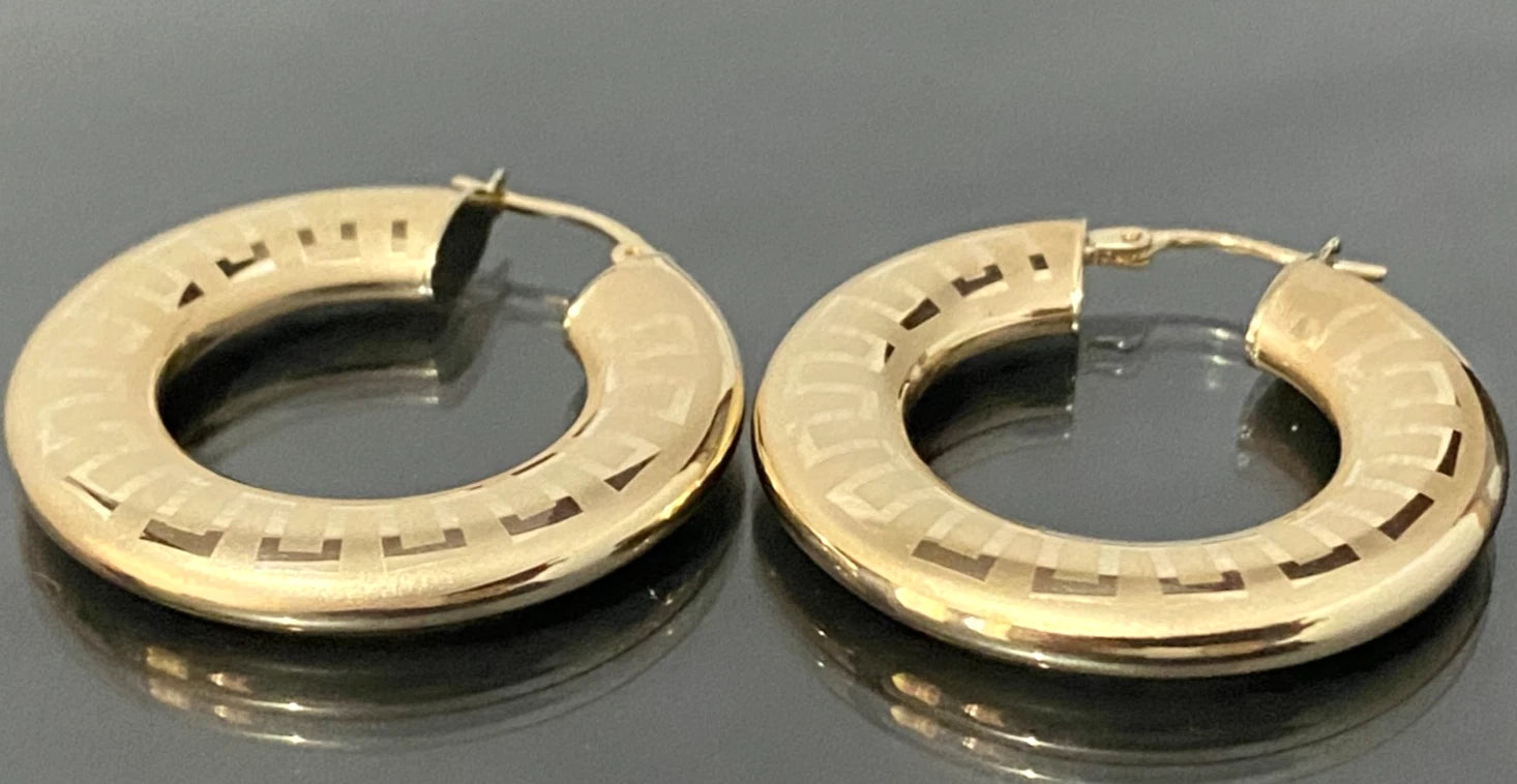 Italian 9K Yellow Gold Greek Key Pattern Hoop Earrings 33.50MM
