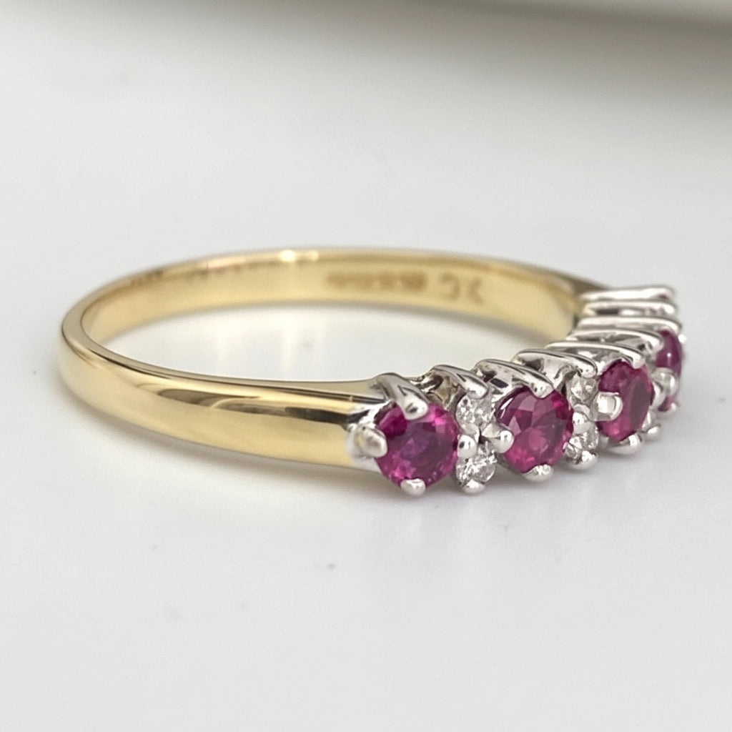 18ct Yellow Gold Ruby Diamond Half Eternity Anniversary Ring – Size R (US 8.75)