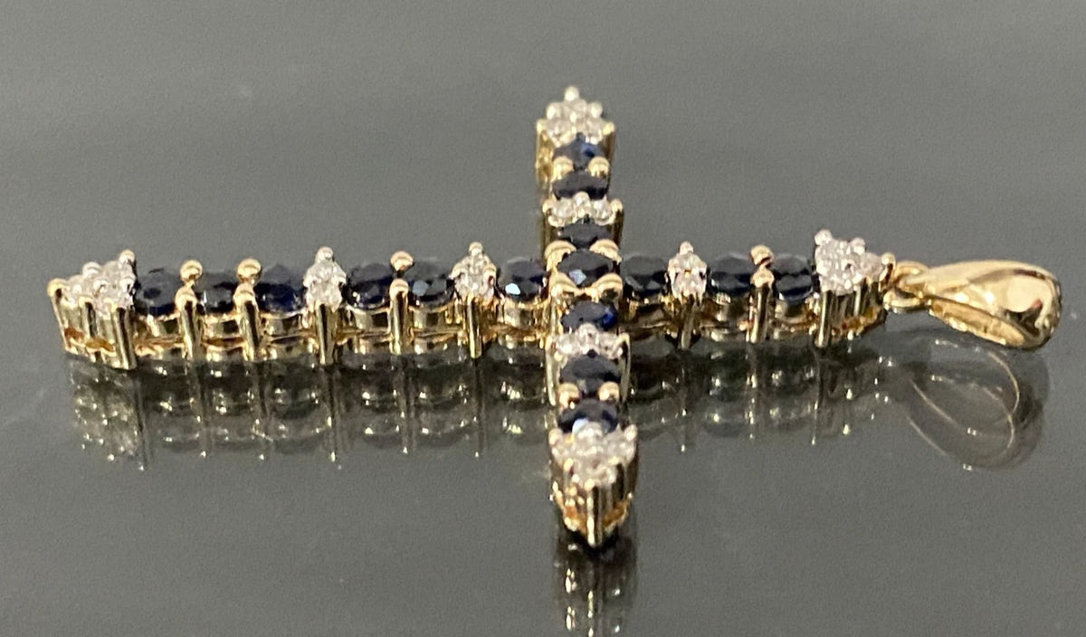 9K Yellow Gold W/ Sapphire & Diamond Cross Pendant 36mm High