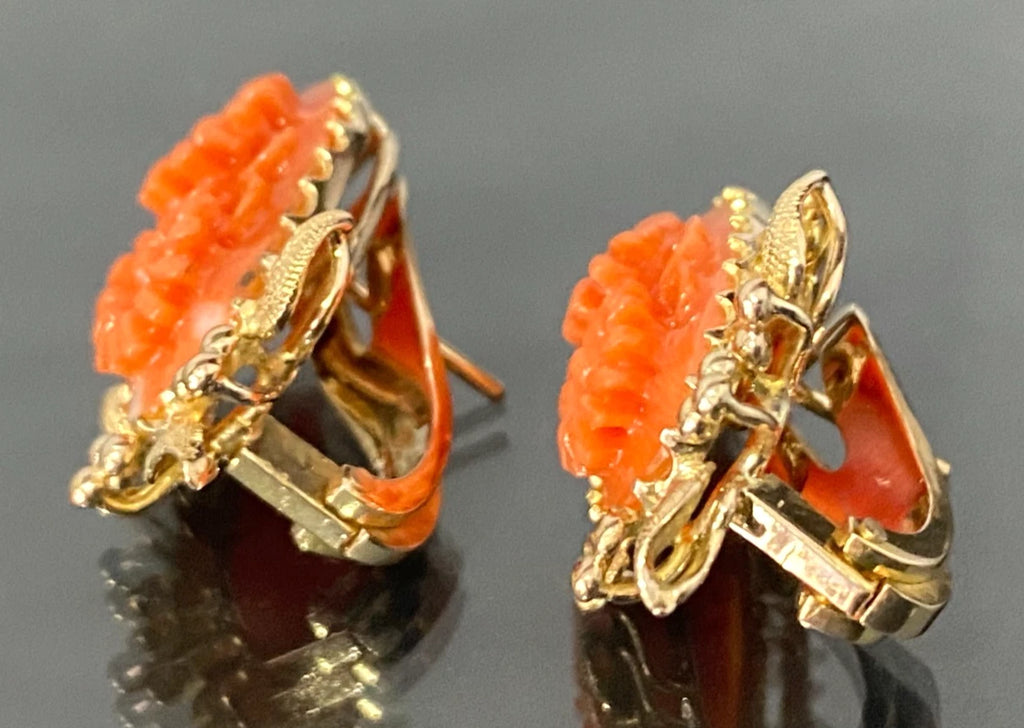 Art Deco 18K Yellow Gold & Red Coral Foliate Earrings 23.0mm