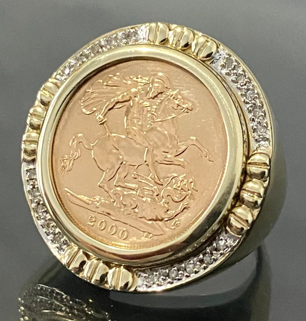 22K Gold Full Sovereign Coin W/ Diamond in 9K Gold Ring Size U - 10 1/2