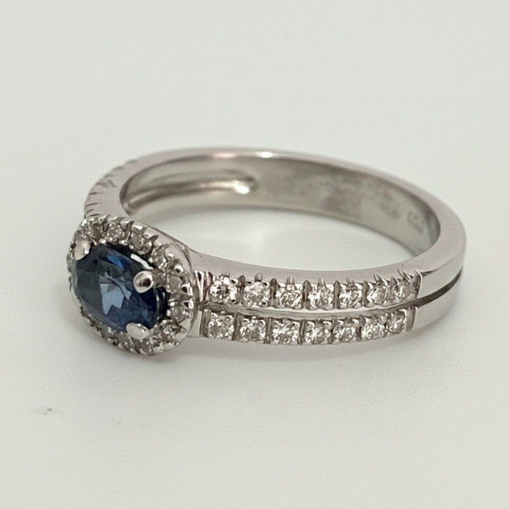 18ct White Gold Sapphire & 0.32ct Diamond Halo Engagement Ring
