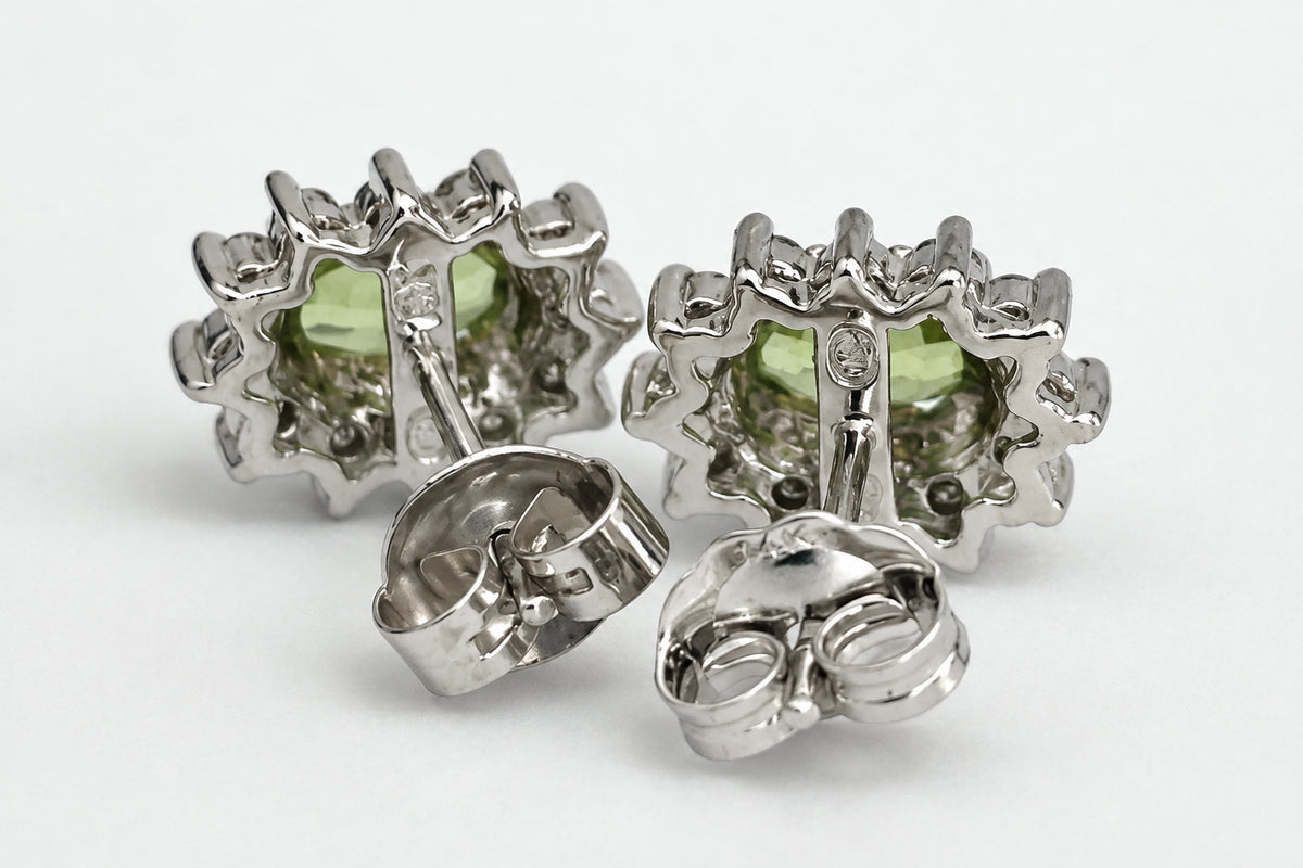 14K White Gold W/Peridot & Diamond Cluster Stud Earrings 10.0mm
