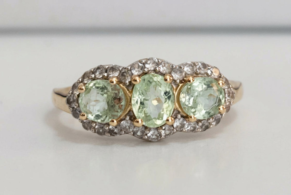 10K Yellow Gold Tourmaline & Natural Zircon Three Stone Ring Size N 1/2 (US 7)