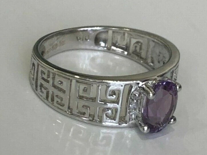 9K White Gold W/ Amethyst & Diamond Greek Key Ring Size L 1/4 - 5 3/4