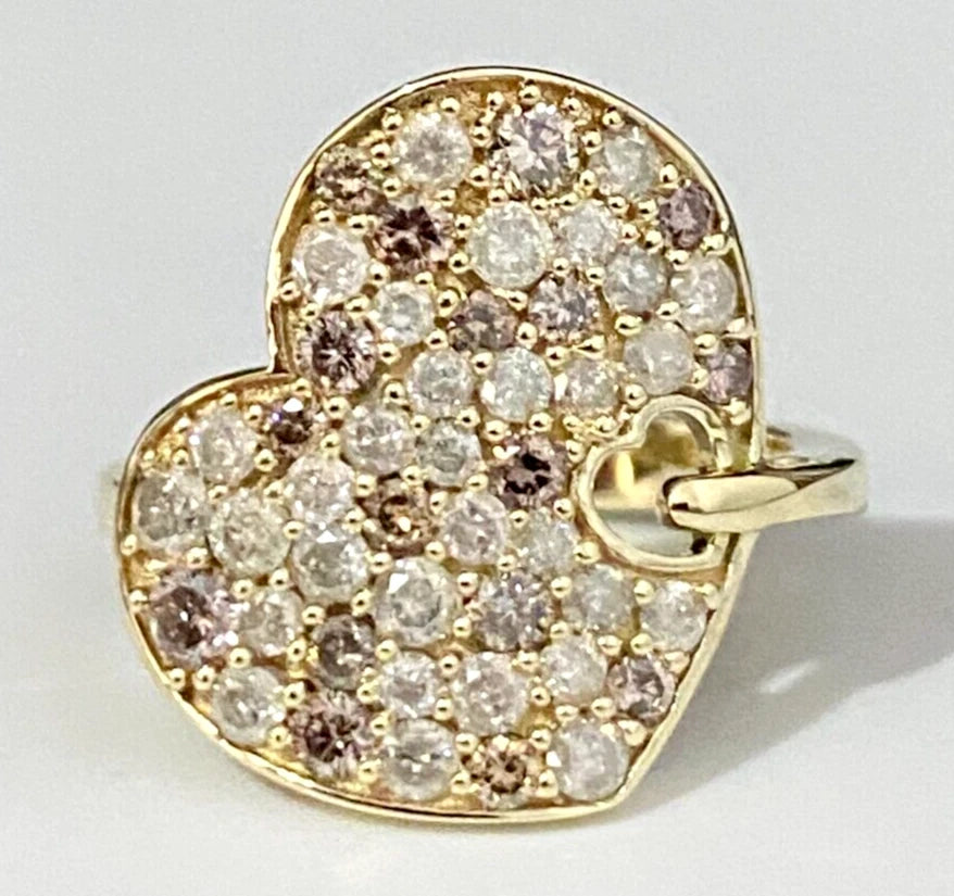 9K Yellow Gold &1.20CT Diamond Heart Shape Love Ring Size N - 6 1/2